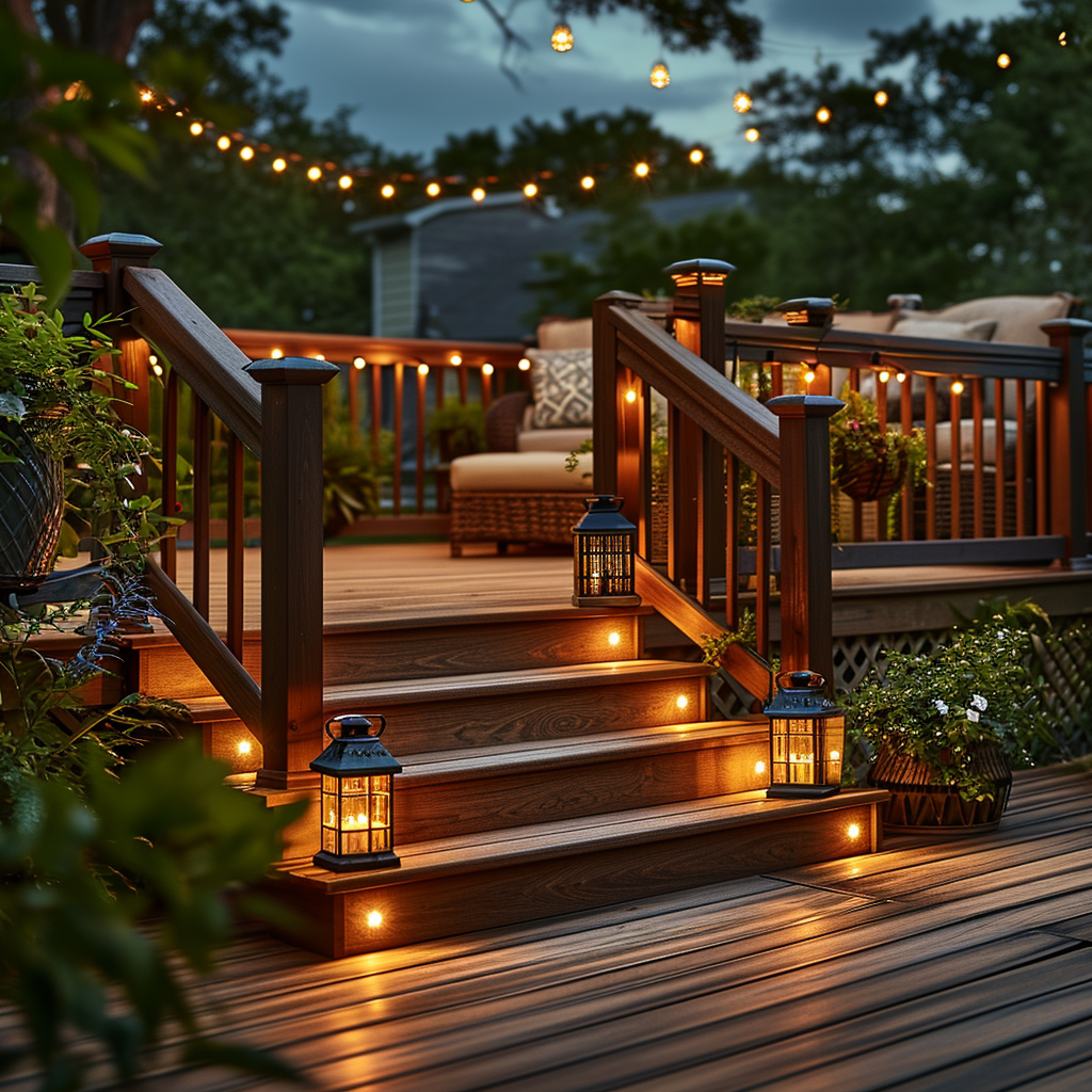 Outdoor Deck Lighting Ideas featuring an Outdoor deck at twilight with string lights, lanterns, and step lights