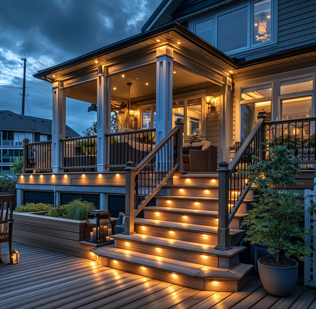 Outdoor deck with solar post caps, stair lights, and hanging lanterns at dusk