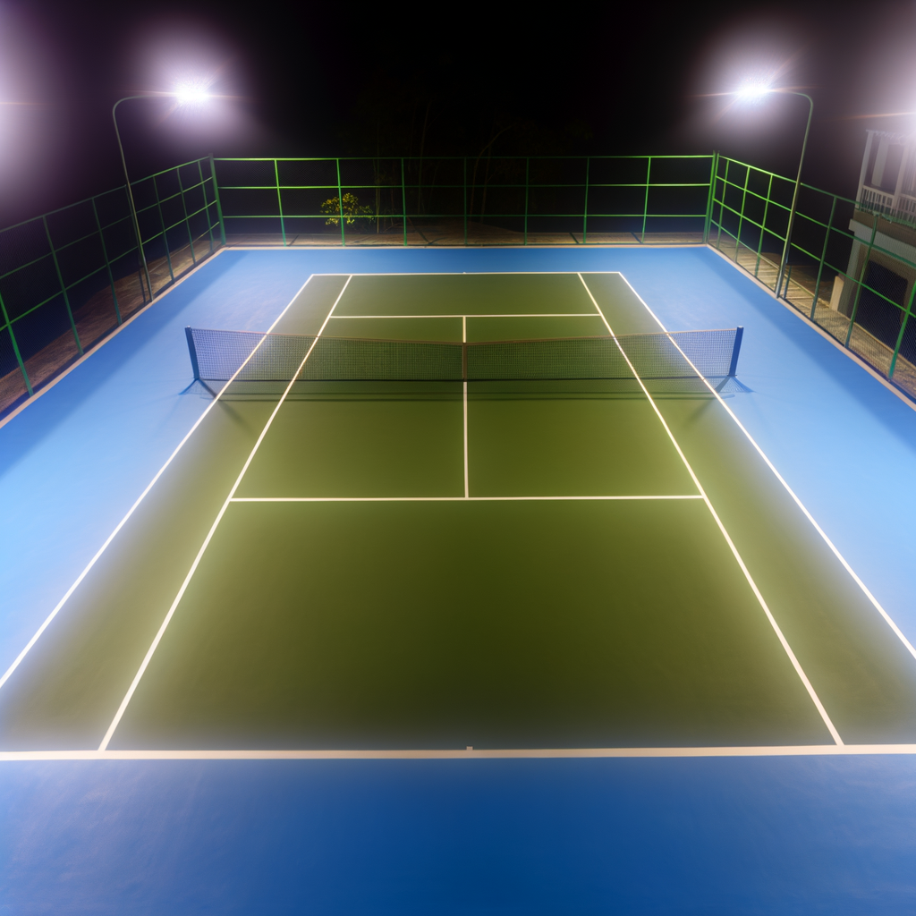 Outdoor tennis court with strategic LED lighting