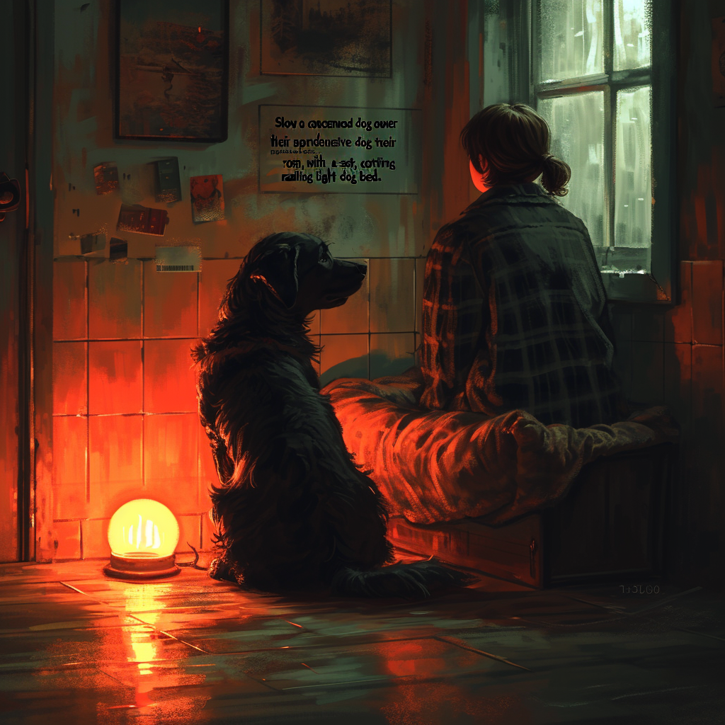 Owner introducing apprehensive dog to room with comforting night light