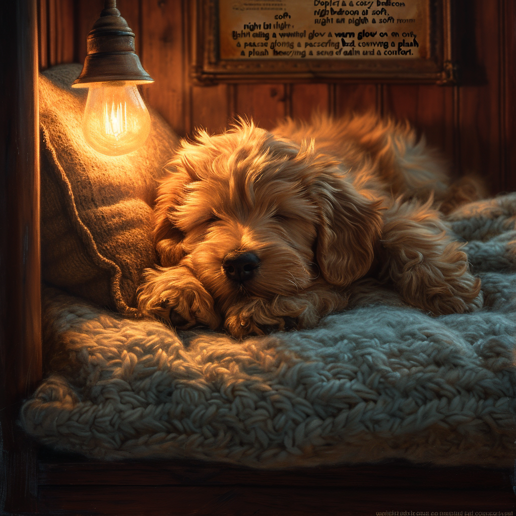 Peaceful dog sleeping in cozy bedroom with warm night light glow