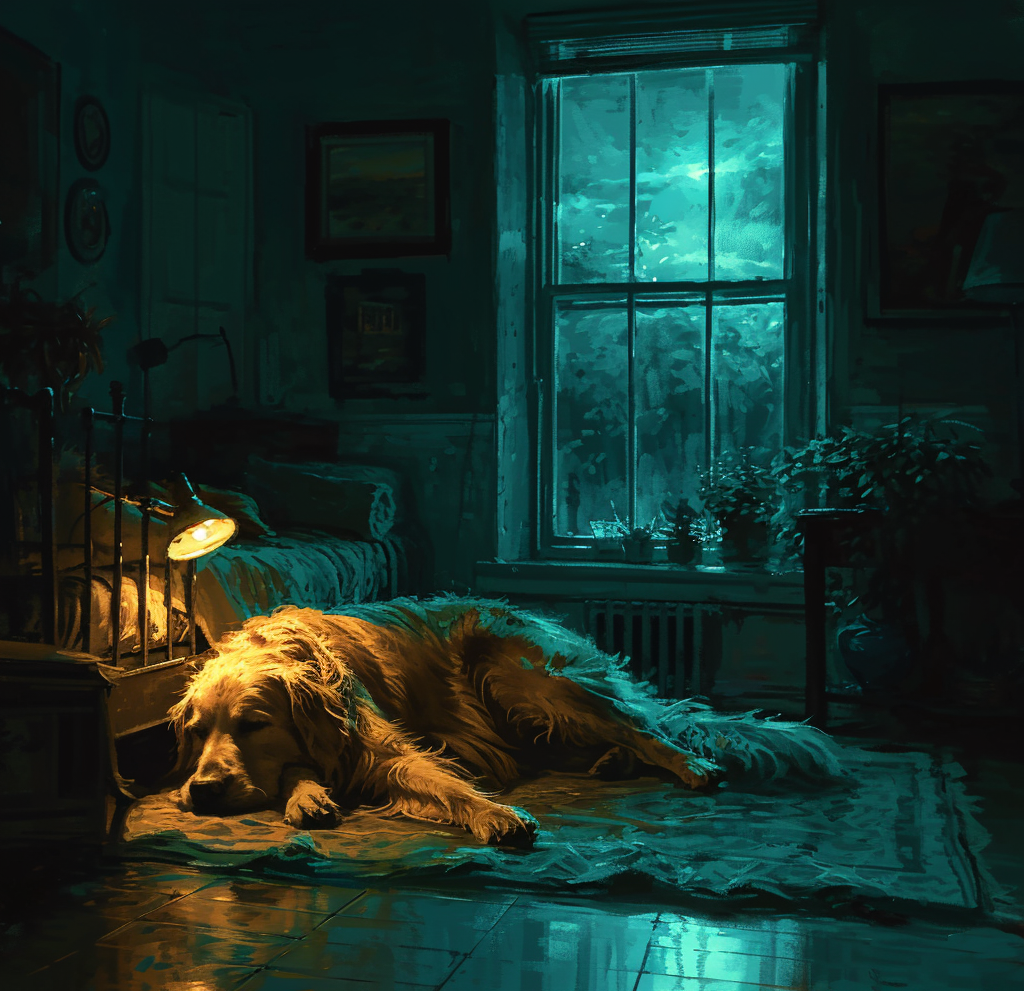 Peaceful dog sleeping near night light, another anxious in dark room.