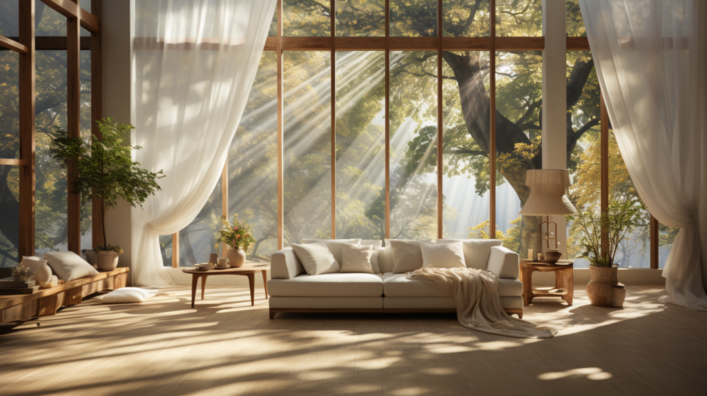 Room with sheer curtains and blinds, sunlight piercing through
