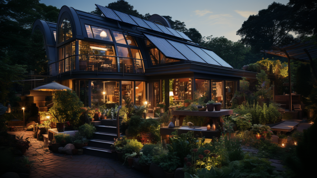 Solar panels, batteries, eco-friendly twilight garden.