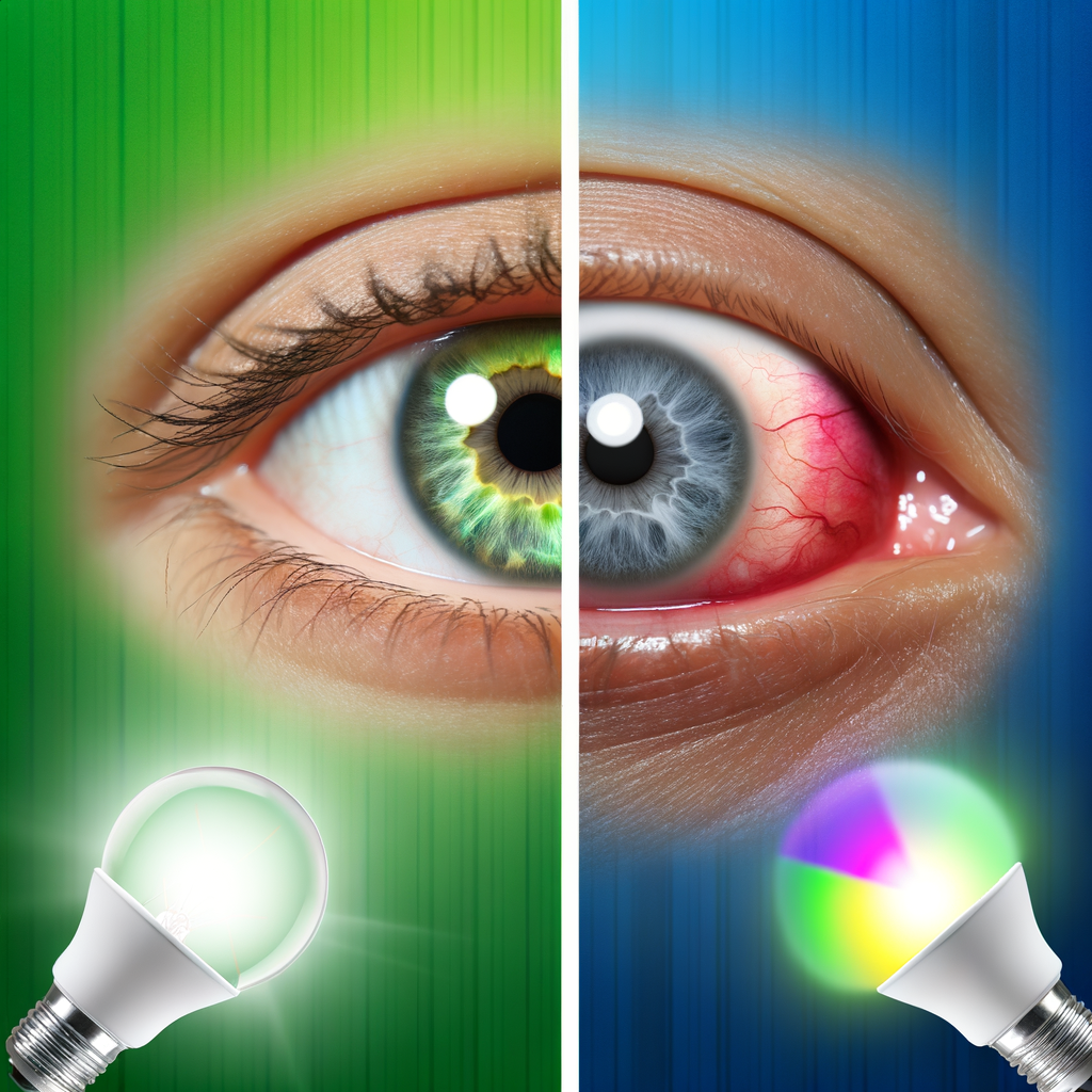 Side Effects of LED Lights featuring a Split image of a healthy eye and an irritated eye with LED bulbs emitting colors