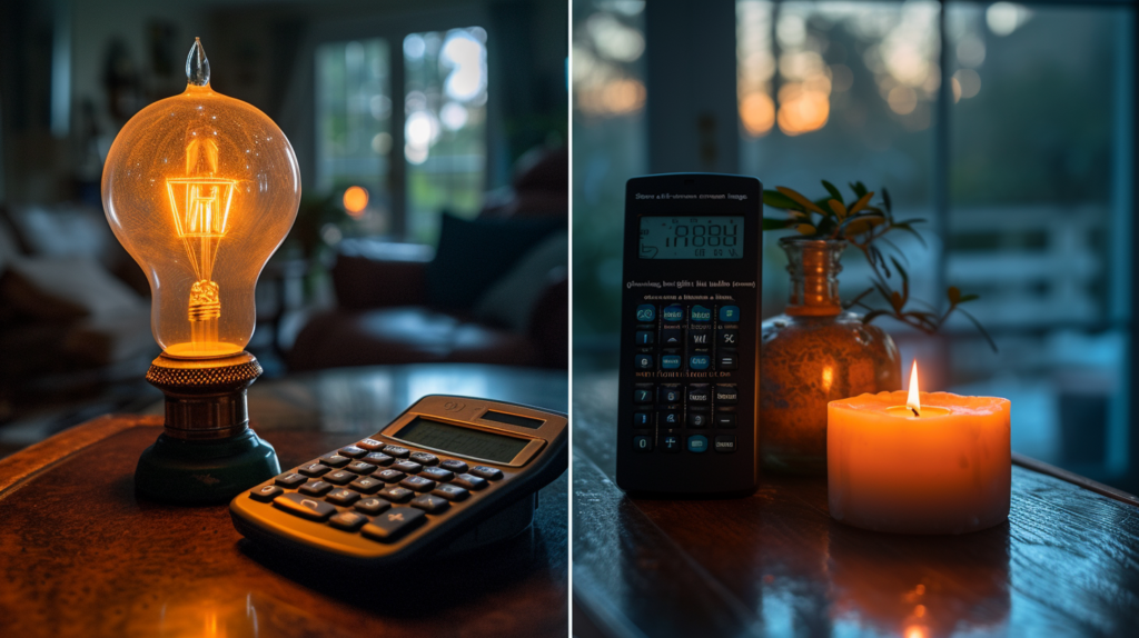 Lumen to Footcandle Calculator featuring a Split-screen of light bulb and candle with calculator