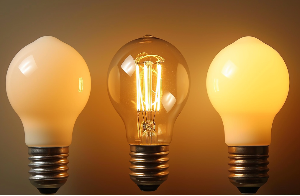 Three bulbs compared soft white glow, bright white shine, daylight sunlight.