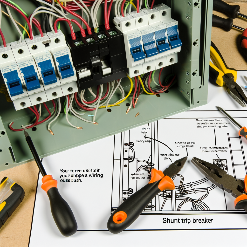 Tools array, open electrical panel, half-wired shunt trip breaker, step-by-step guide.