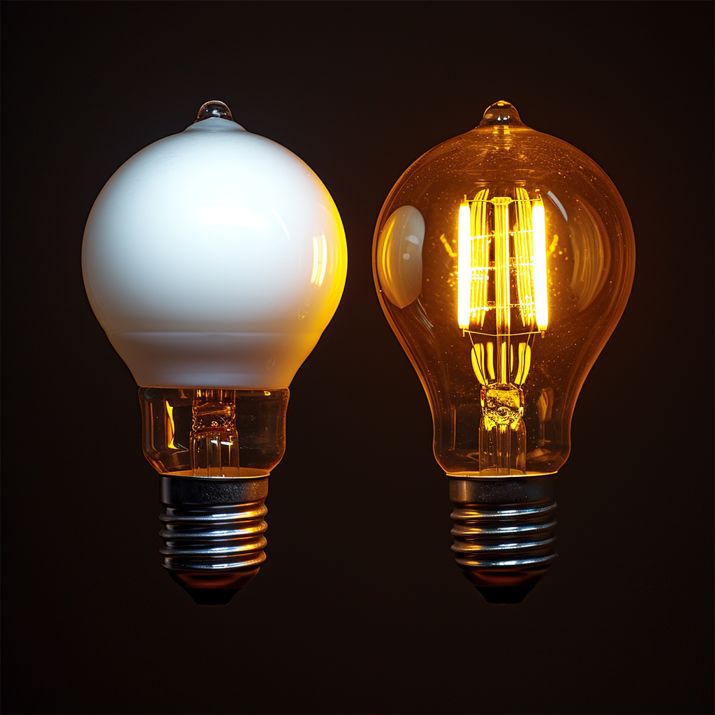 Two bulbs contrasted, one with cool white light, one with warm daylight glow