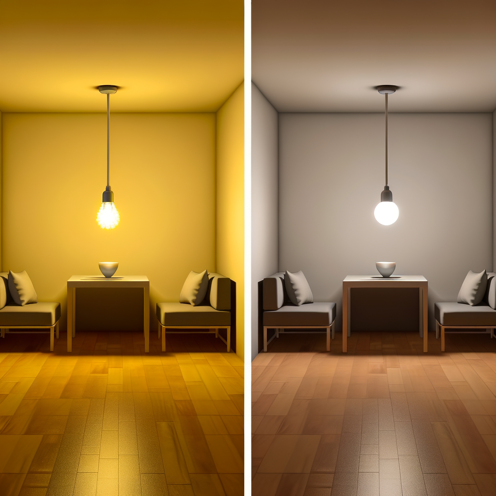 Two rooms, one with 60-watt bulb, one with 20000-lumen LED