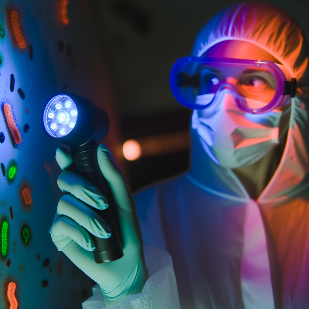 What Can a UV Light Be Used For featuring 
UV flashlight revealing bacteria with person in protective gear