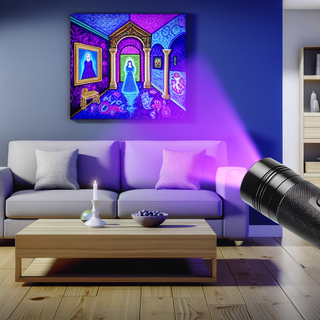 UV flashlight showing hidden details in modern living room