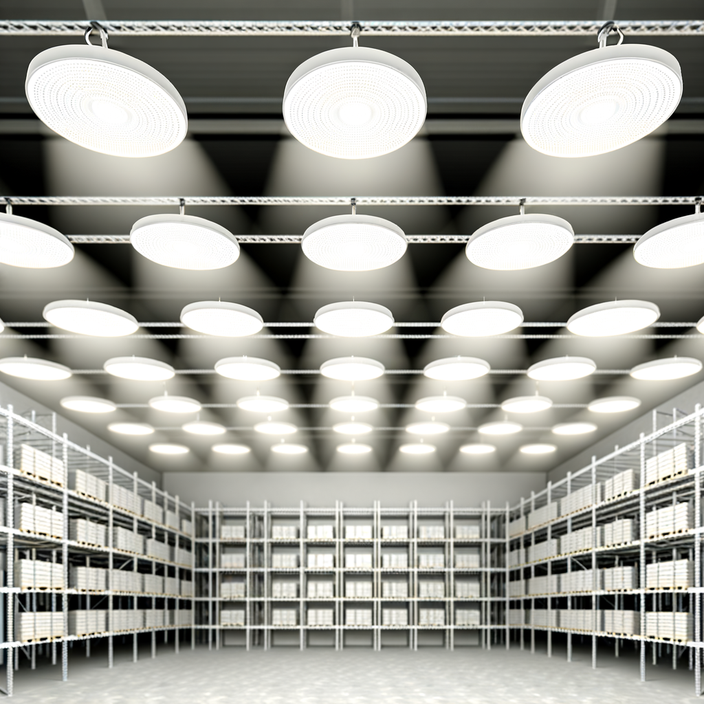 illuminated interior of a warehouse