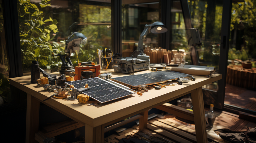 solar panels in a sunny backyard with tools