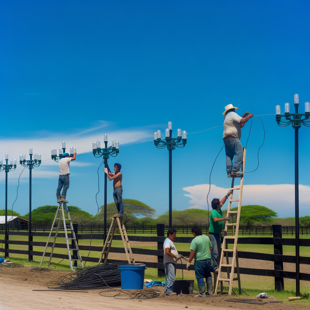 Horse Arena Lights featuring some workers installing the lights