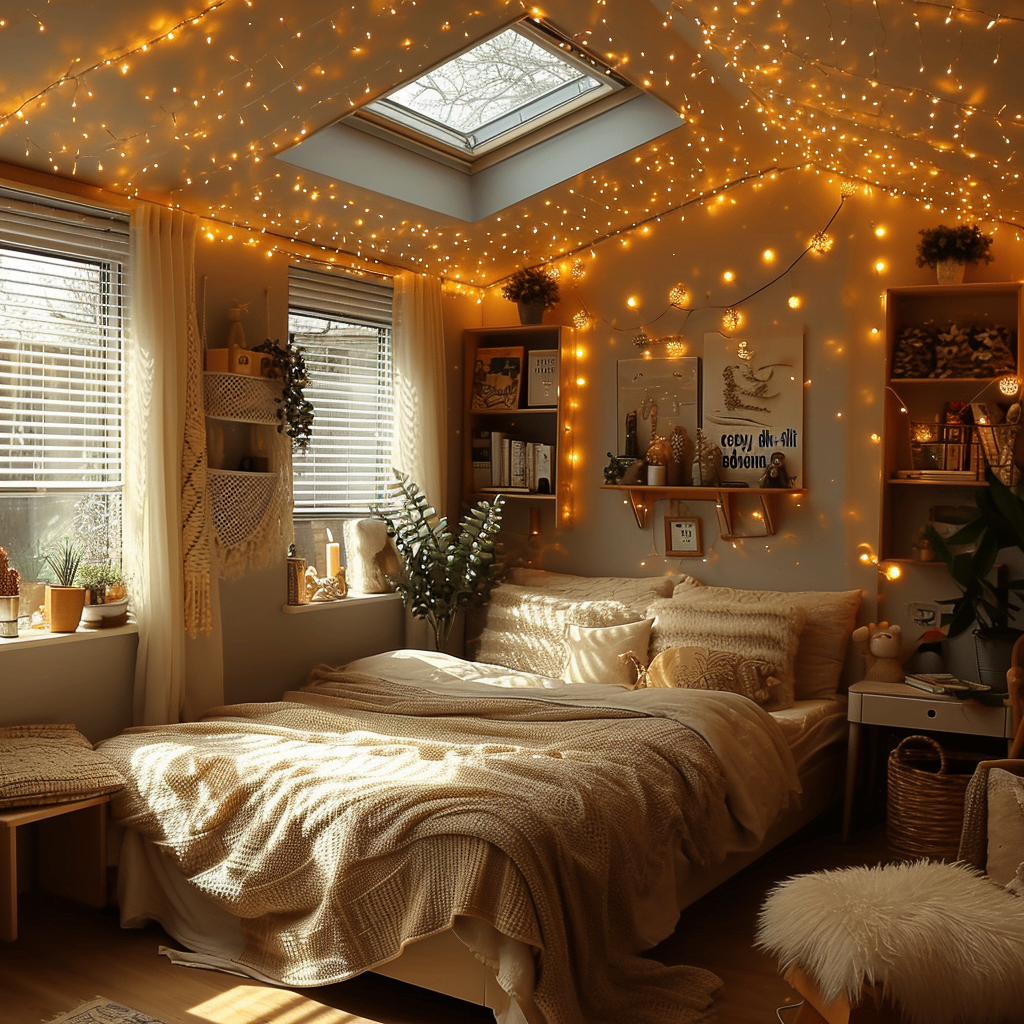 view of bedroom with string lights on ceiling and minimalist furniture.