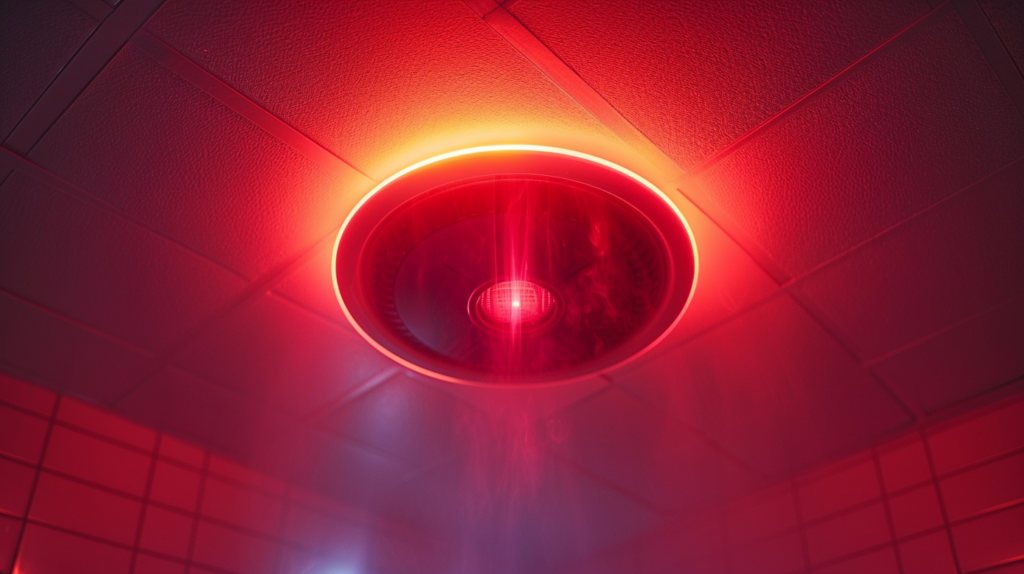 Close-up of smoke detector with solid red light on white ceiling