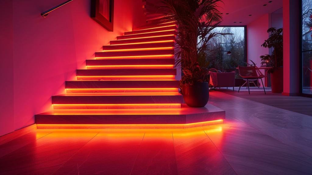LED Light Strips on Stairs featuring a Cozy staircase with vibrant LED lights under steps enhancing safety
