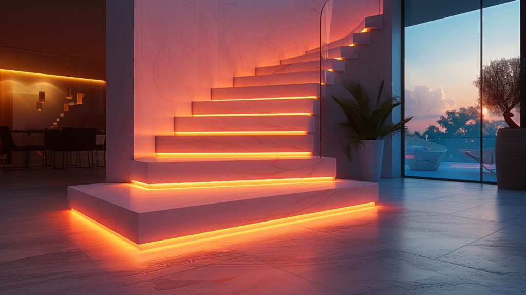 Elegant staircase with soft glow from LED strips under each step.