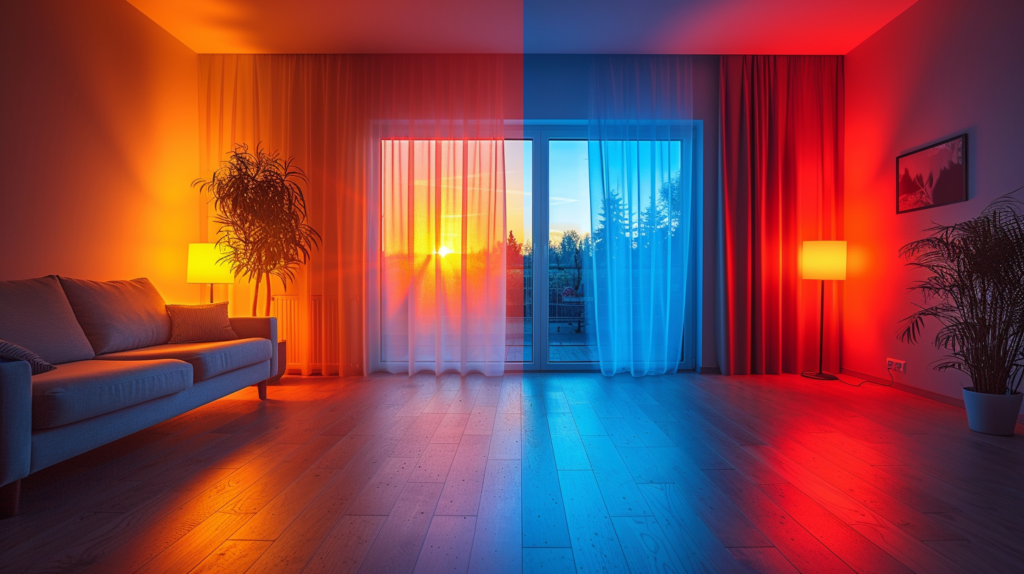 Do LED Lights Have UV Rays featuring a Half-lit room with LED bulbs and natural sunlight, featuring a spectrum analysis of LED vs sunlight UV wavelengths