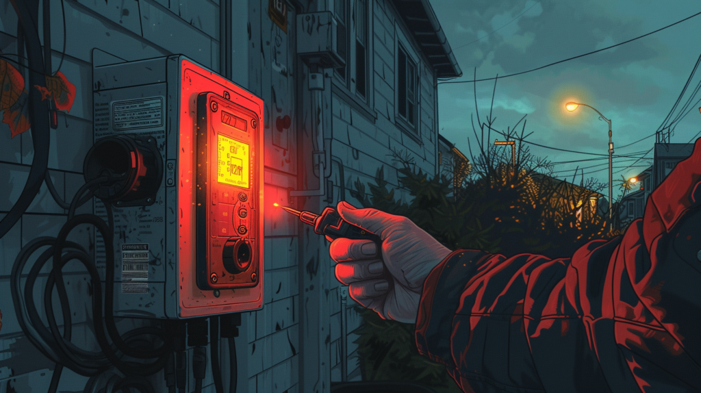 Hand holding a multimeter against a LED outdoor light fixture