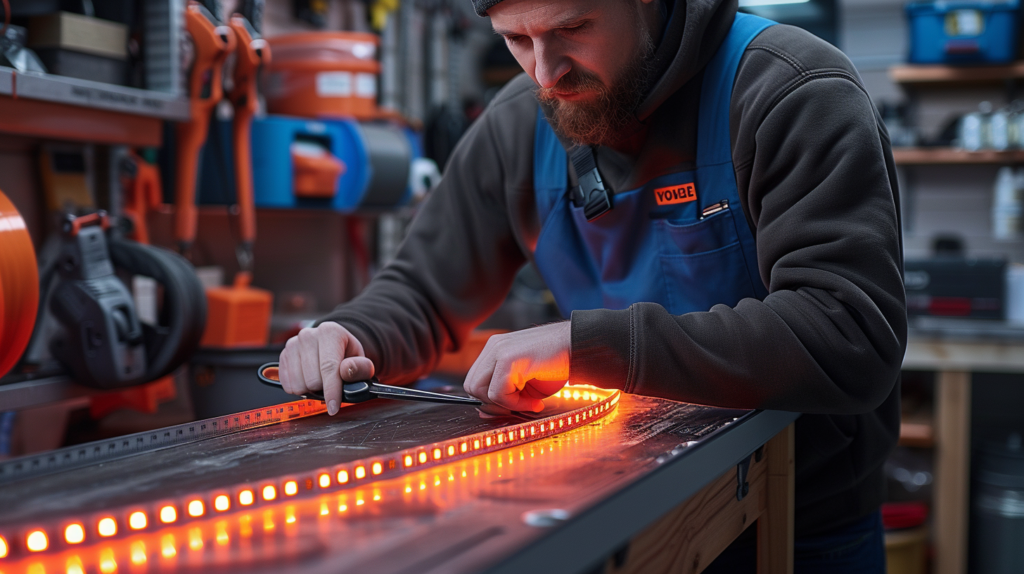 Hands cutting LED strip along marked line, ruler, connectors, well-lit workbench.