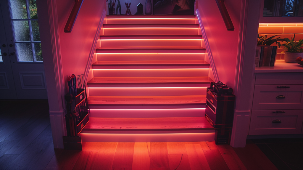 Illuminated staircase with toolbox, highlighting LED stair lighting maintenance.