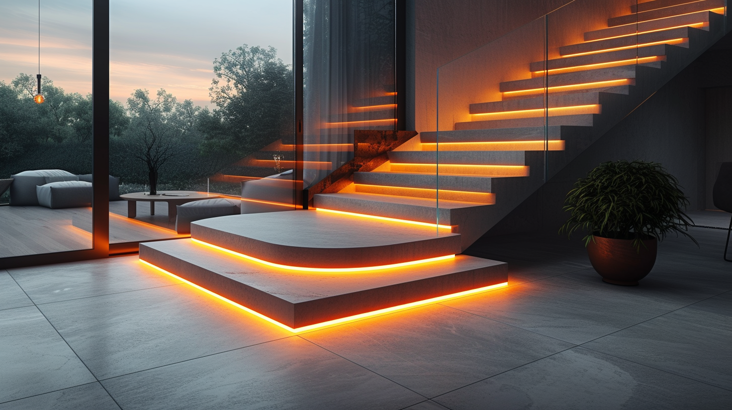 Modern staircase with glowing LED strips under each step.