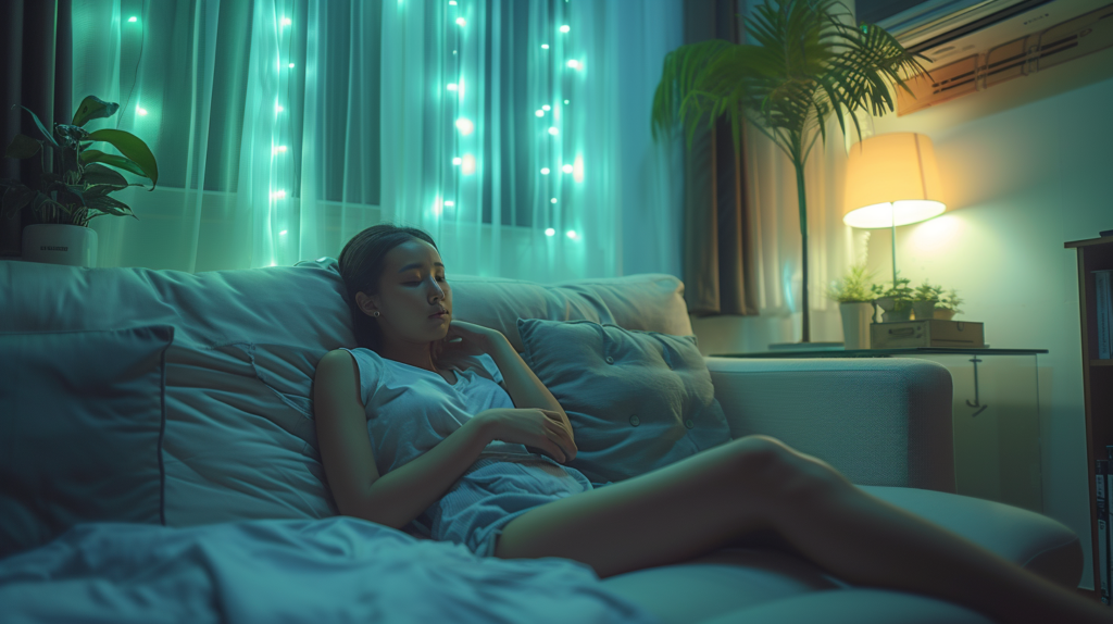 Does Green LED Lights Help Headaches featuring a Person resting in a serene bedroom illuminated by green LED lights