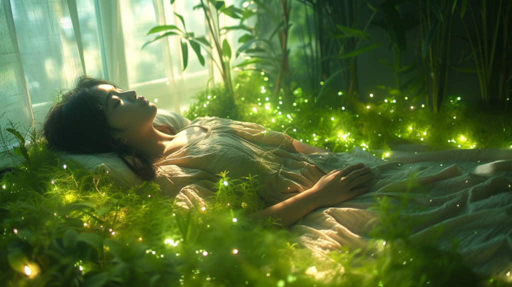 Relaxing scene of a person in a green-lit bedroom