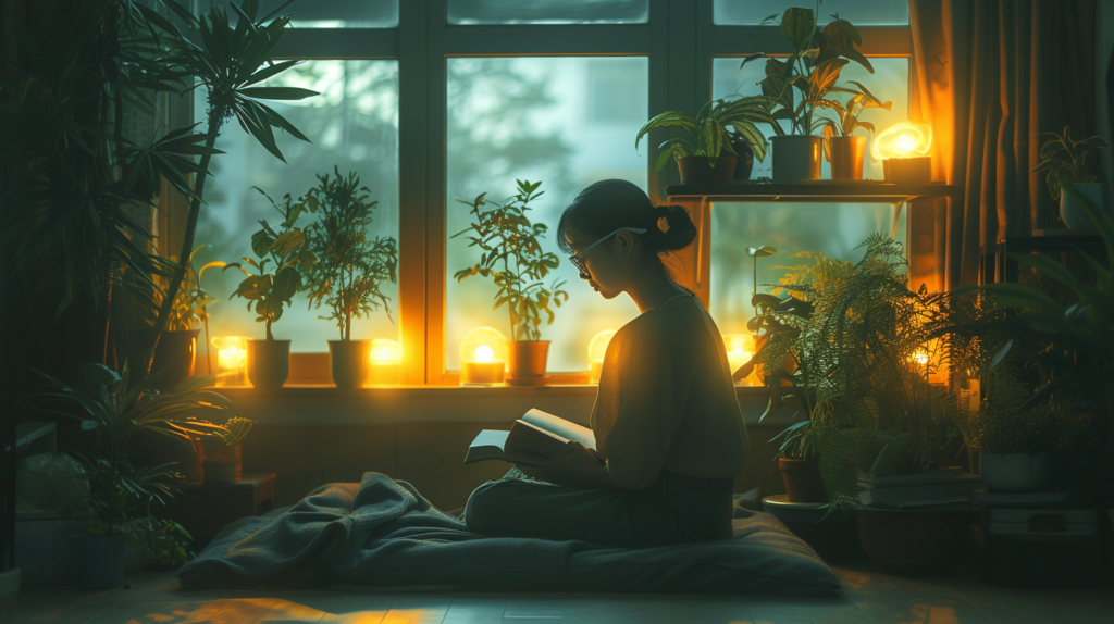 Serene bedroom with warm LED lights, person wearing blue light glasses, and indoor plants