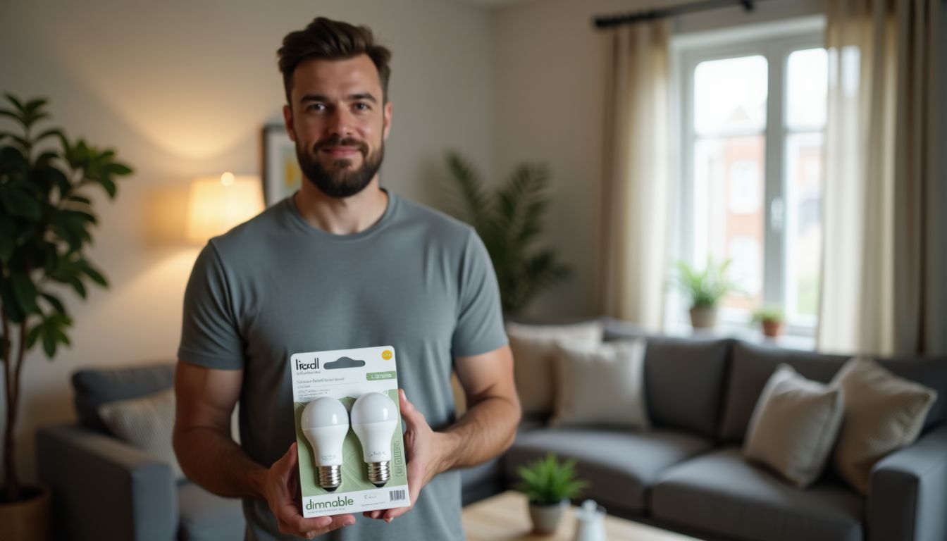 A man holds a package of dimmable LED light bulbs in a modern living room. A man holds a package of dimmable LED light bulbs in a modern living room.