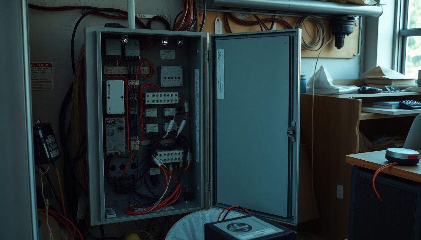 A cluttered workshop with an open electrical panel and scattered components.