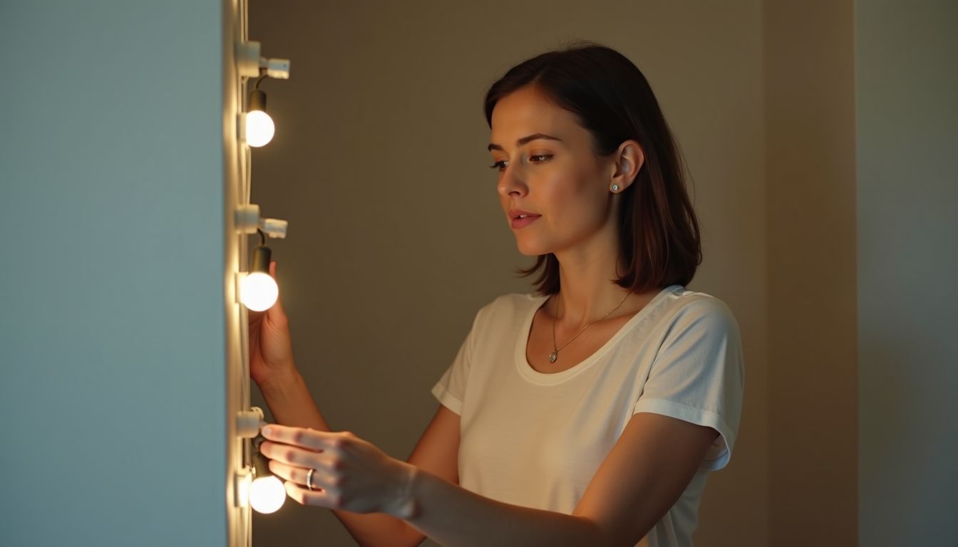 A woman chooses between painter's tape and double-sided tape for LED lights.