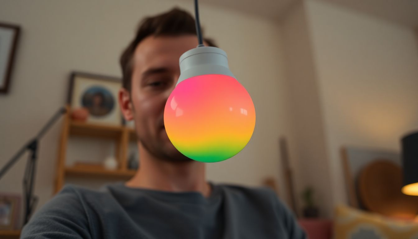 A modern LED light bulb with RGB color blending in a cozy home interior.
