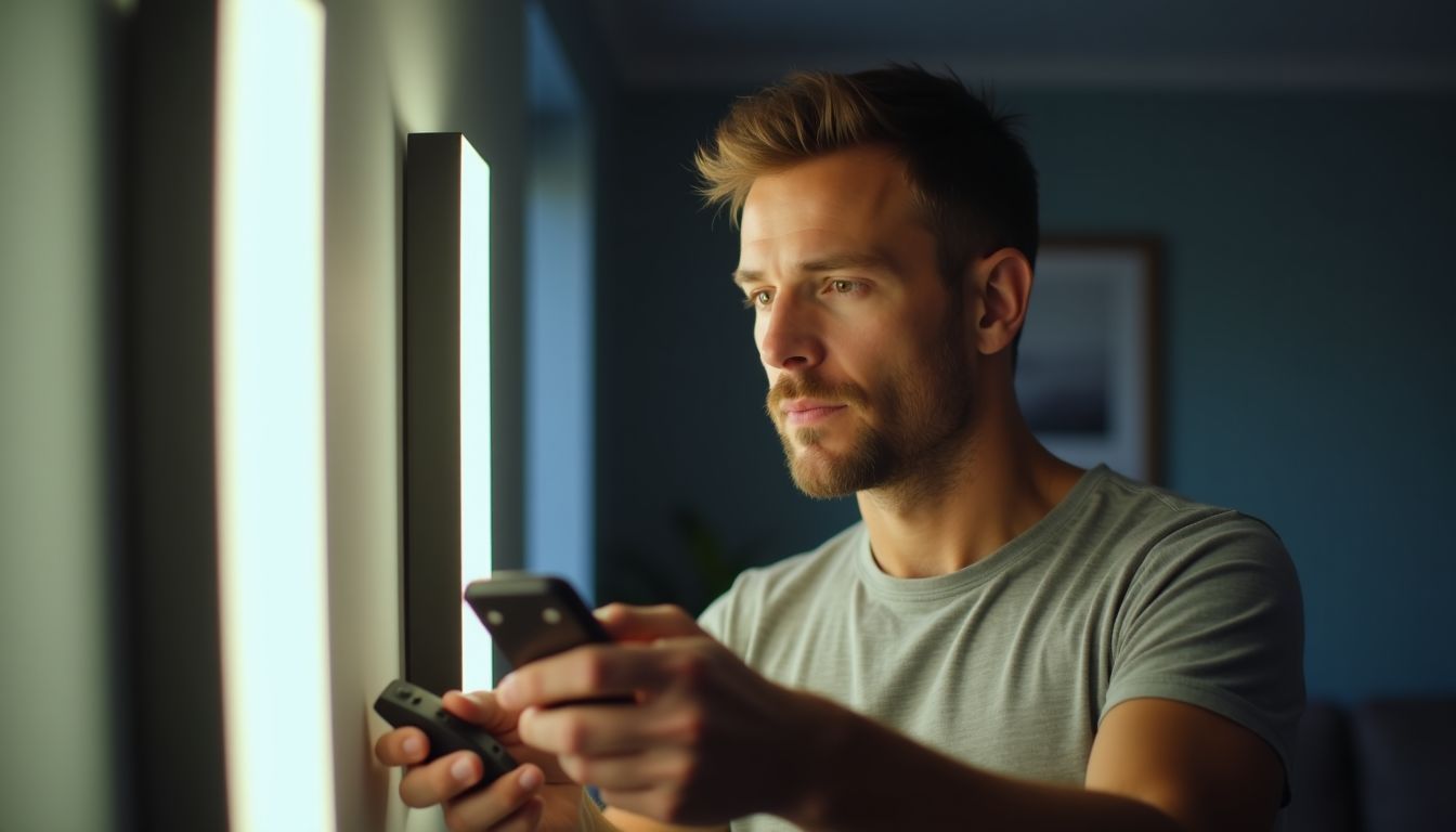 A man in his mid-30s adjusting LED strip lights in a room. A man in his mid-30s adjusting LED strip lights in a room.