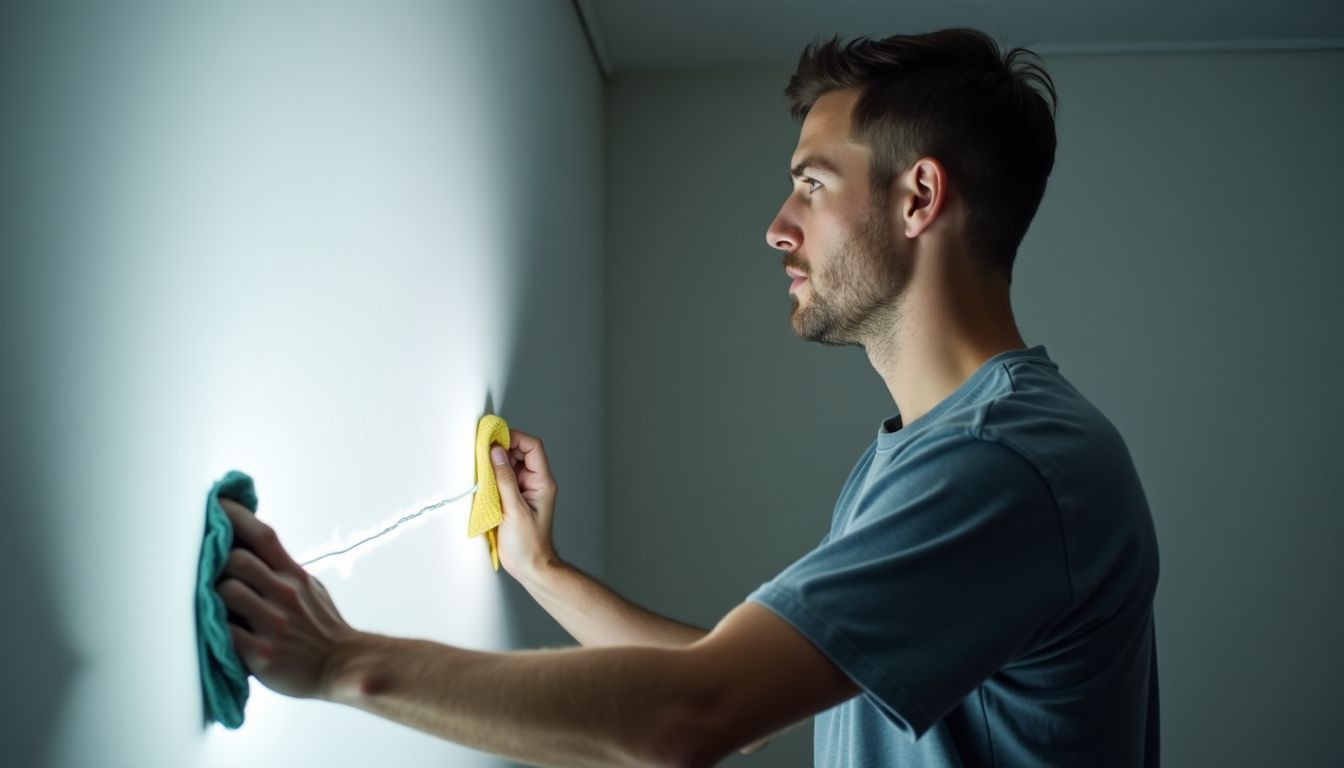 A person in their 30s cleaning a white wall for LED installation. A person in their 30s cleaning a white wall for LED installation.