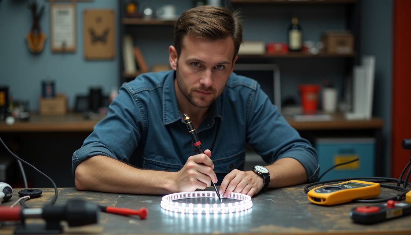 A person is sitting at a messy workbench with scattered tools.