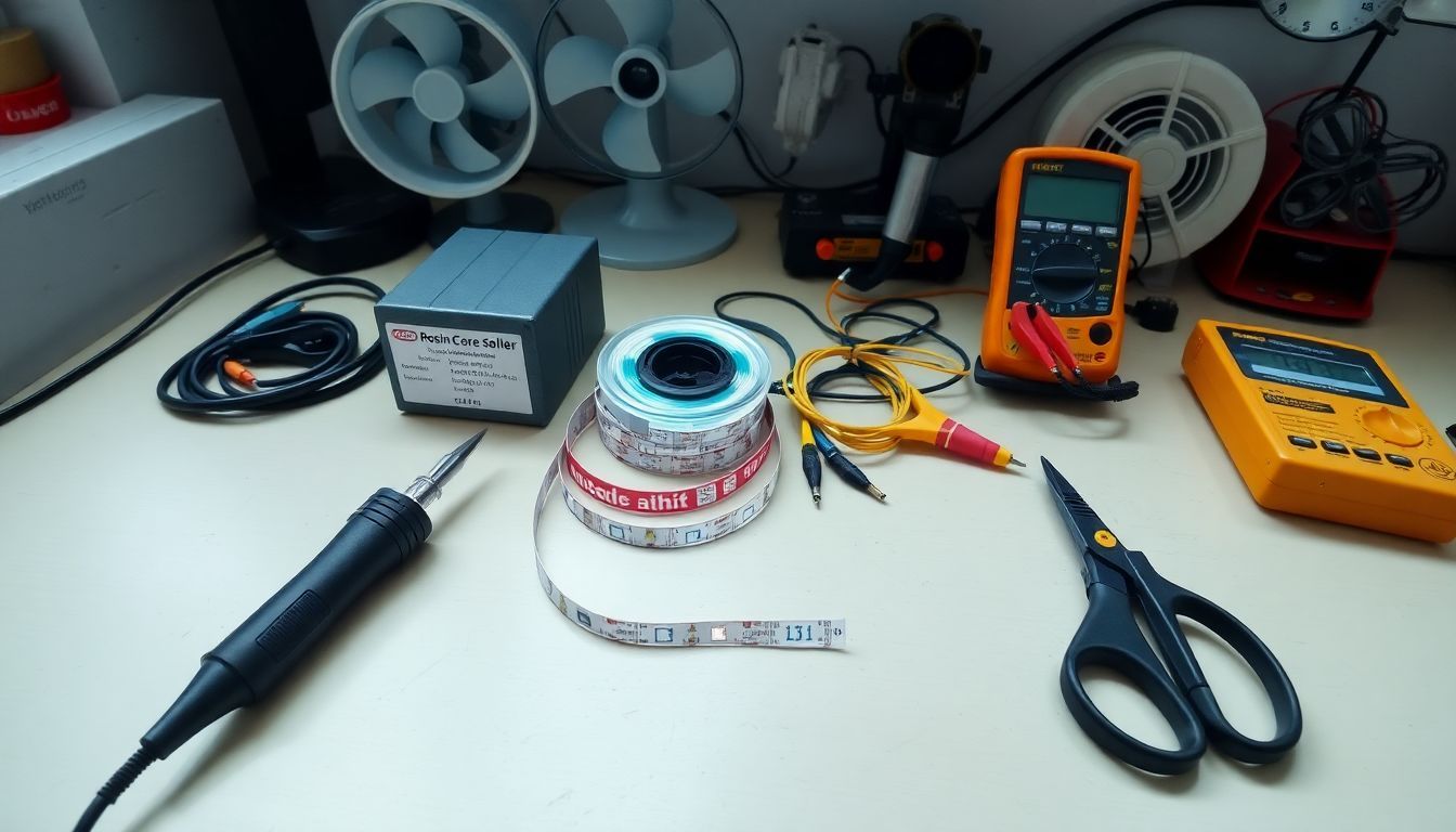 Neatly organized workbench with soldering tools and LED strip materials.