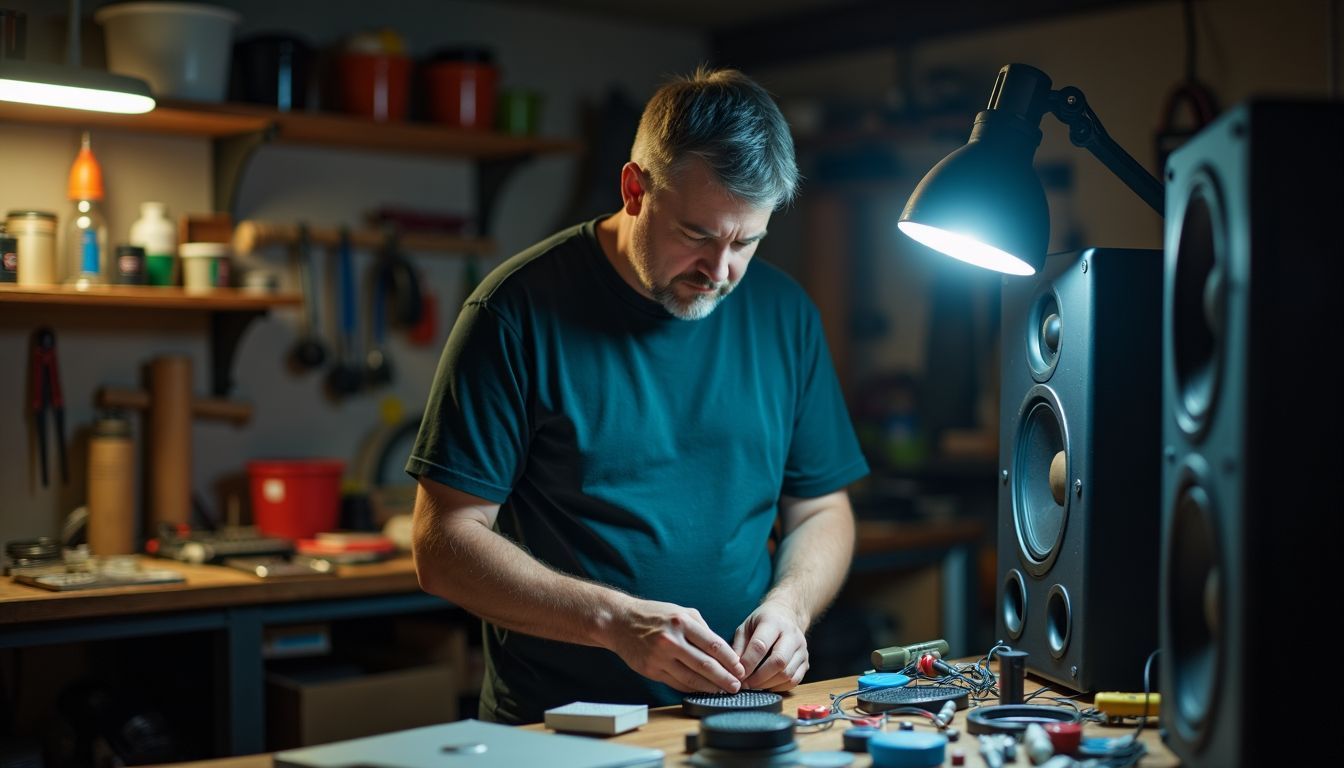 A man organizes tools to connect LED lights to speakers in a garage.