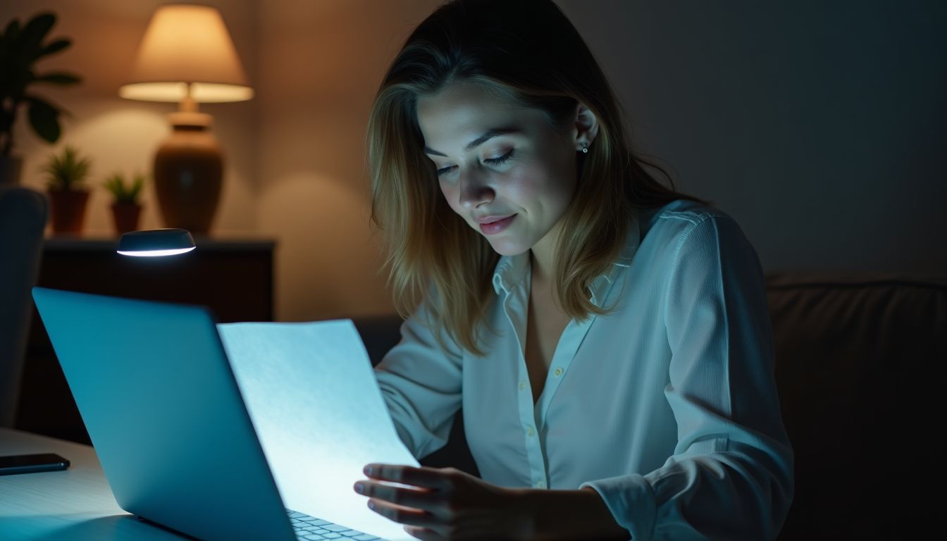 A woman in her 30s sitting at a desk using wax paper to dim the LED light on her laptop charger.